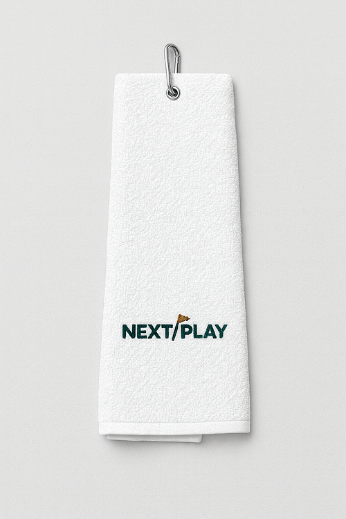 NEXT PLAY Tour Towel — tri-fold cotton golf towel with carabiner clip and tonal embroidery